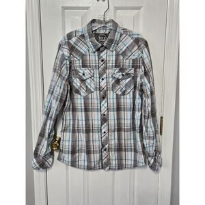 BKE Buckle Standard Fit Pearl Snap Western Shirt Mens Size M Blue Gray Plaid